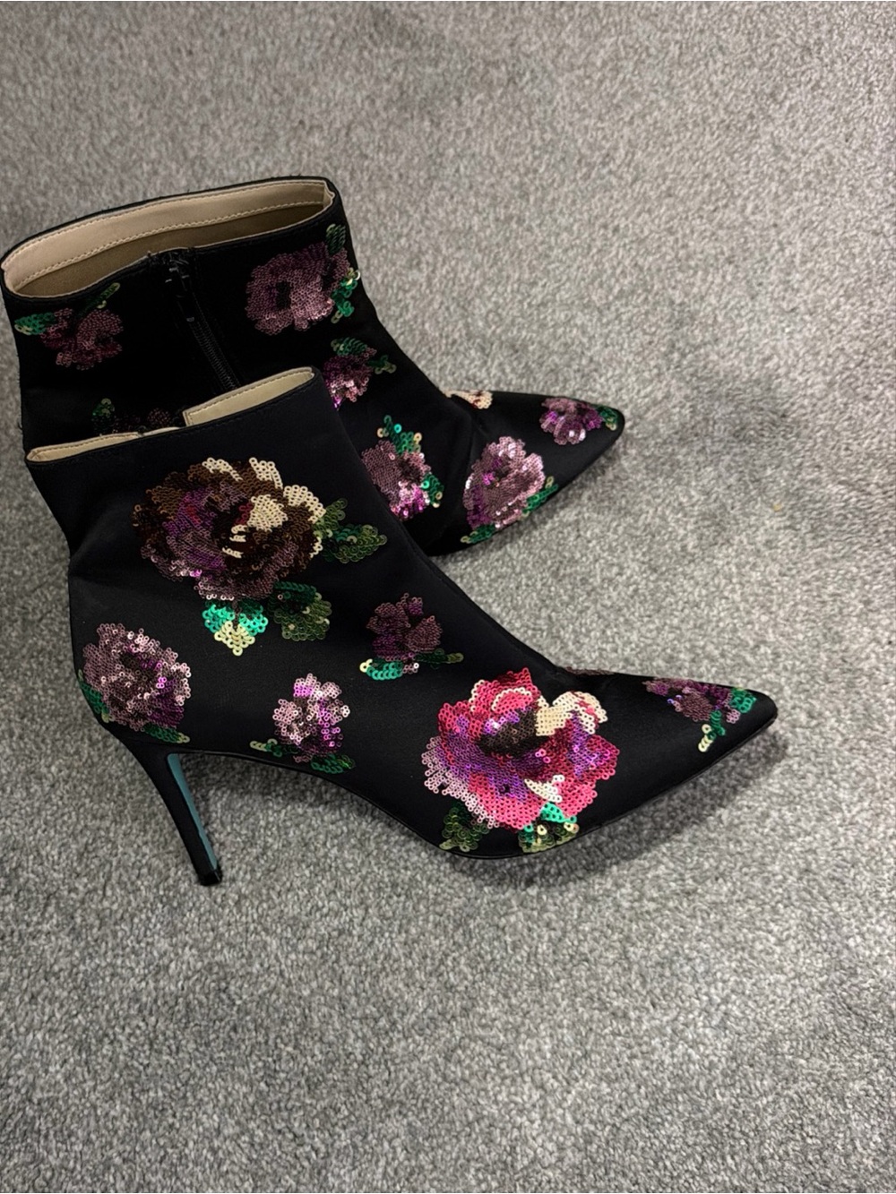 Betsy Johnsom Black Sequin Floral Pointed Toe Ankle Boots